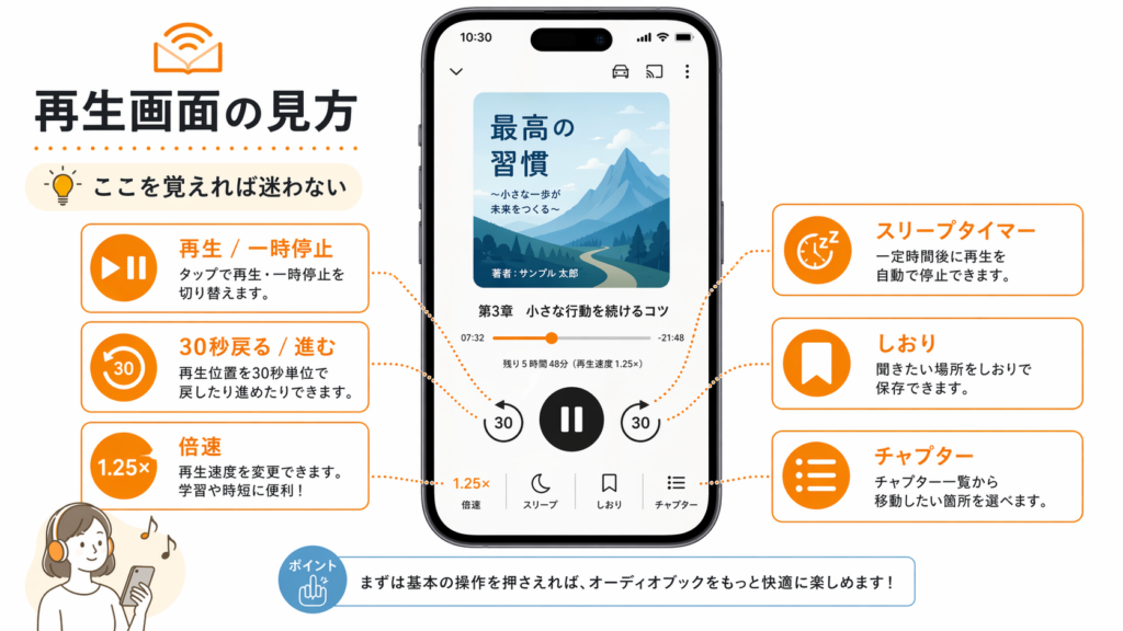 オーディブルアプリの基本操作