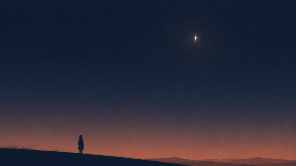 夜空の一番星を見上げる人物のシルエット――『汝、星のごとく』のタイトルの意味を象徴するイメージ