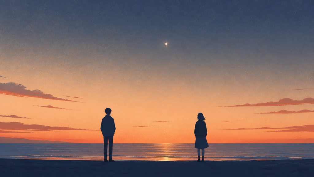 夕暮れの浜辺で夕星を見上げる二人のシルエット――作品のテーマを表すイメージ
