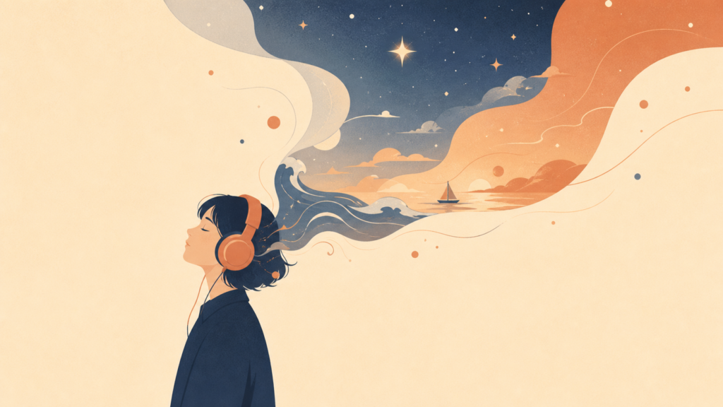 ヘッドフォンで物語に浸る人物から星と波が広がるイメージ――Audibleで聴く読書体験