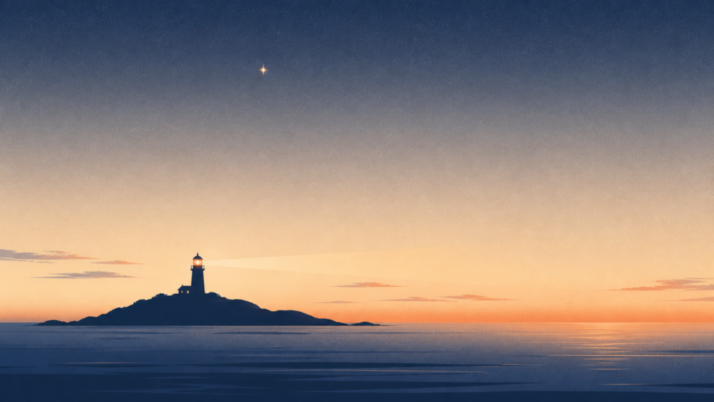 夜明け前の海に浮かぶ島と灯台のイメージ――物語の舞台と「それぞれの場所で生きる」テーマを表す挿絵