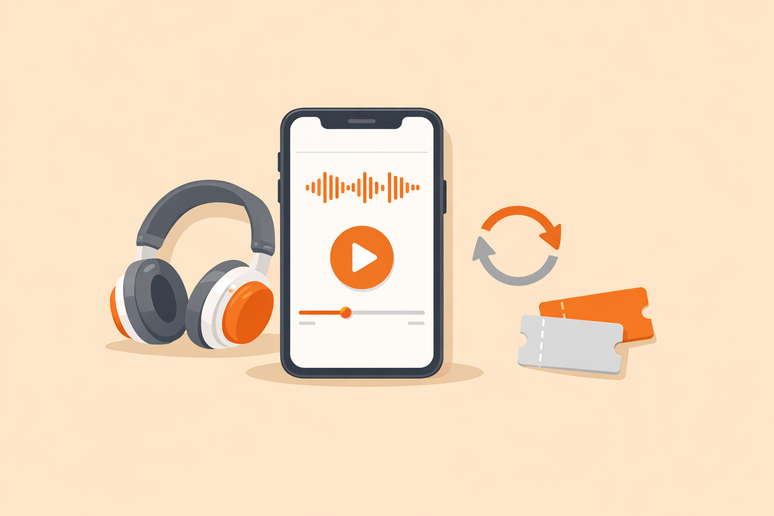 Audibleの無料体験を2回目に再登録できるかを解説するアイキャッチ（スマホとヘッドホンのイラスト）