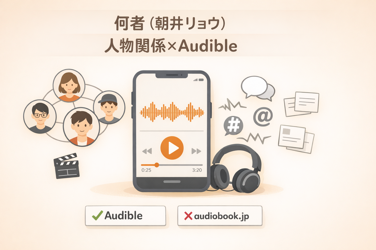 『何者』の登場人物5人の関係とAudibleで聴けることが分かるアイキャッチ画像
