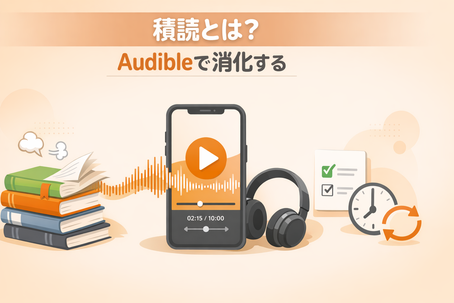 積読をAudibleのながら聴きで消化する方法を示すアイキャッチ画像