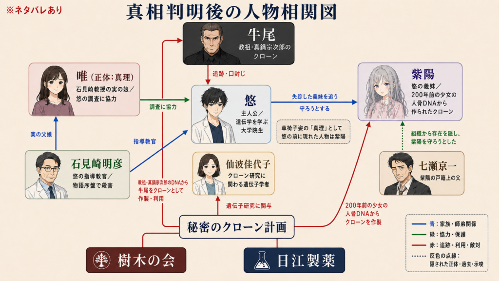 『一次元の挿し木』のネタバレ人物相関図。主人公・悠を中心に、義妹で人骨DNAから作られたクローンの紫陽、教祖・真鍋宗次郎のクローンである牛尾、石見崎教授の実娘・唯=真理、七瀬京一、仙波佳代子、樹木の会、日江製薬の関係を示している。