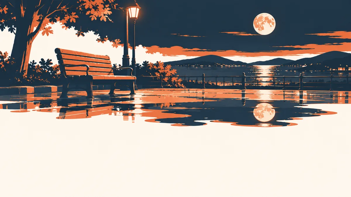 雨上がりの夜の公園で、水たまりに満月が映るベンチのイラスト